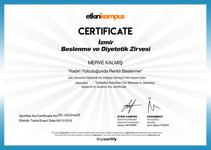 Digicertify Kadın Yolculuğunda Renkli Beslenme Etkinliği Katılım Sertifikasi