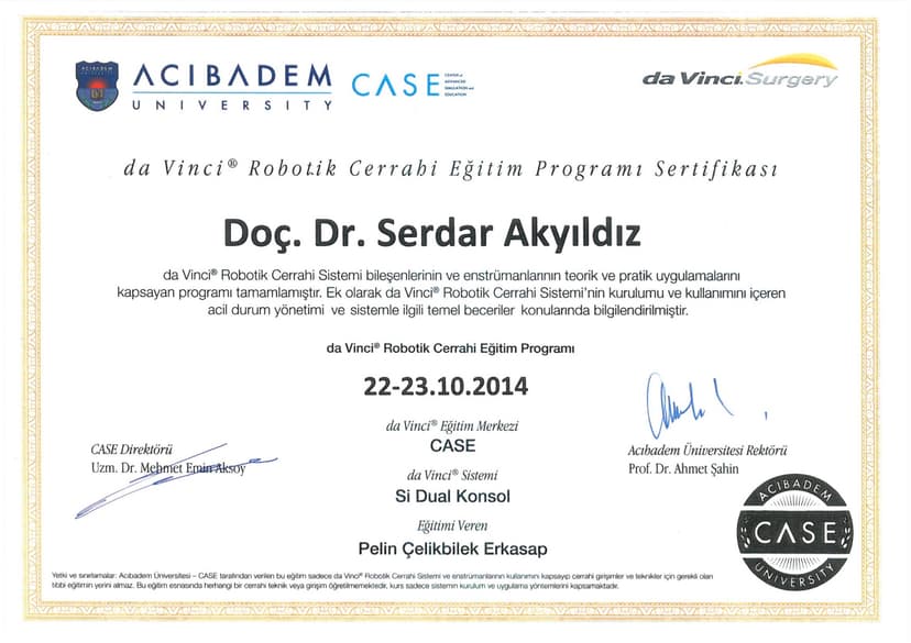 Da Vinci Robotik Cerrahi Eğitim Programı Sertifikası