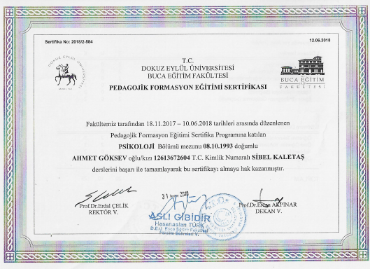 DOKUZ EYLÜL ÜNİVERSİTESİ PEDAGOJİK FORMASYON SERTİFİKASI