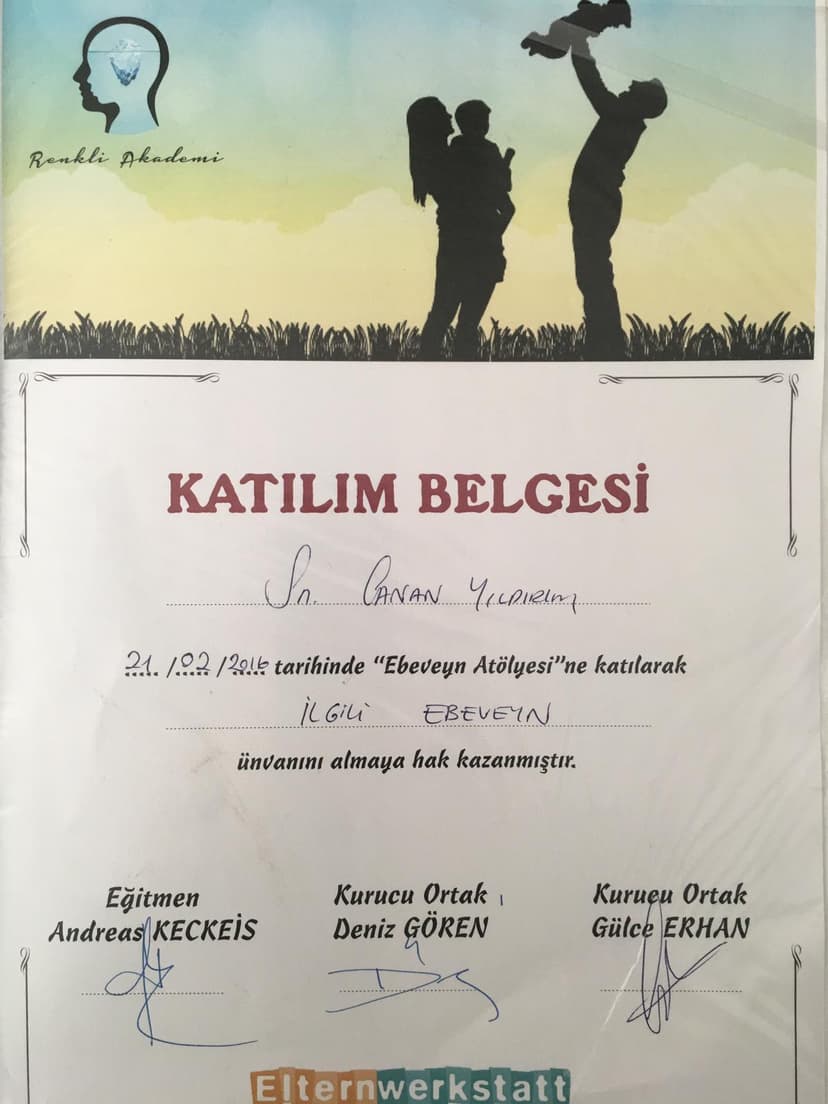 Renkli Akademi Ebeveyn Atölyesi Katılım Belgesi