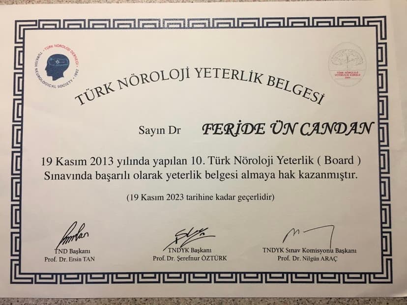 Türk Nöroloji Derneği Yeterlilik Belgesi