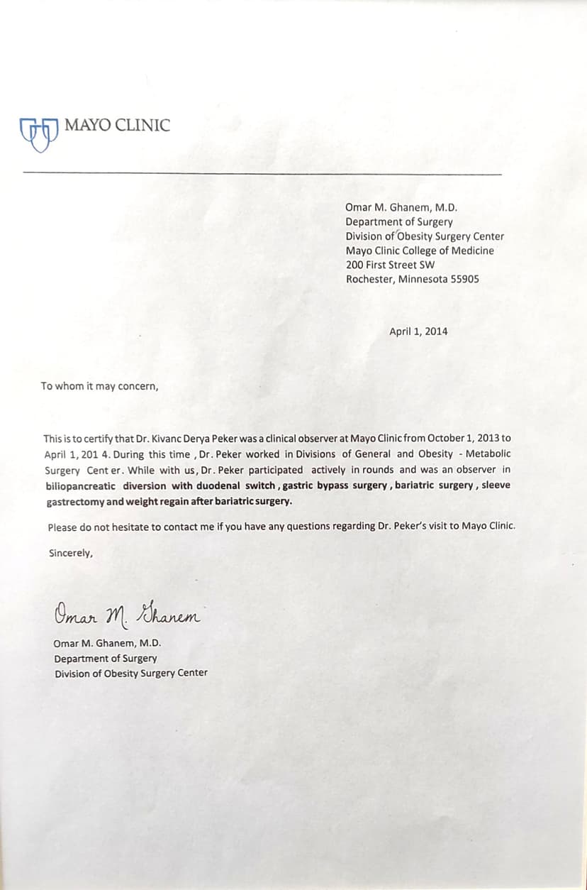 Mayo Clinic Obezite Cerrahisi Sertifikası