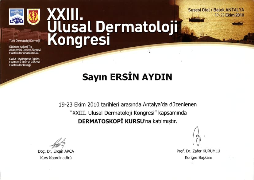 XXIII. Ulusal Dermatoloji Kongresi, Dermatoskopi Kursu, Antalya, 19.10.2010