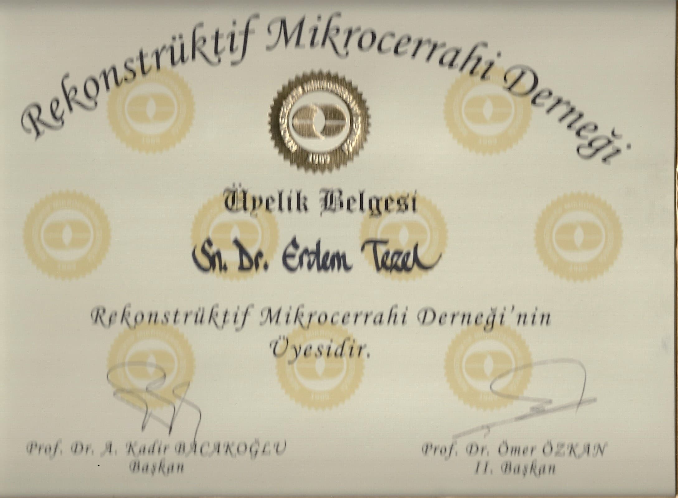 Rekonstrüktif Mikrocerrahi Derneği üyelik belgesi