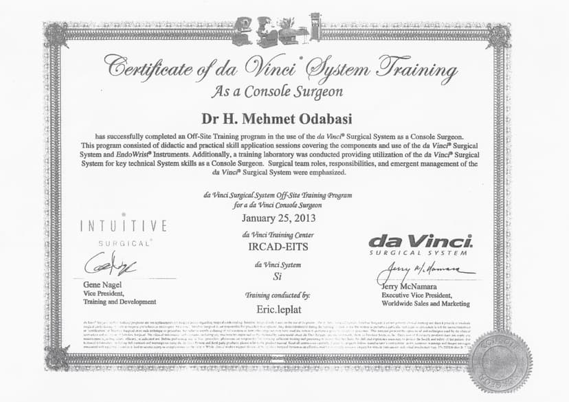 Certificate of da Vinci System Training