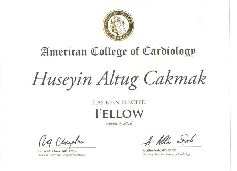Amerikan Kardiyoloji Kolleji Fellowluğu (Fellow of American College of Cardiology) (FACC ID Number: 931477)