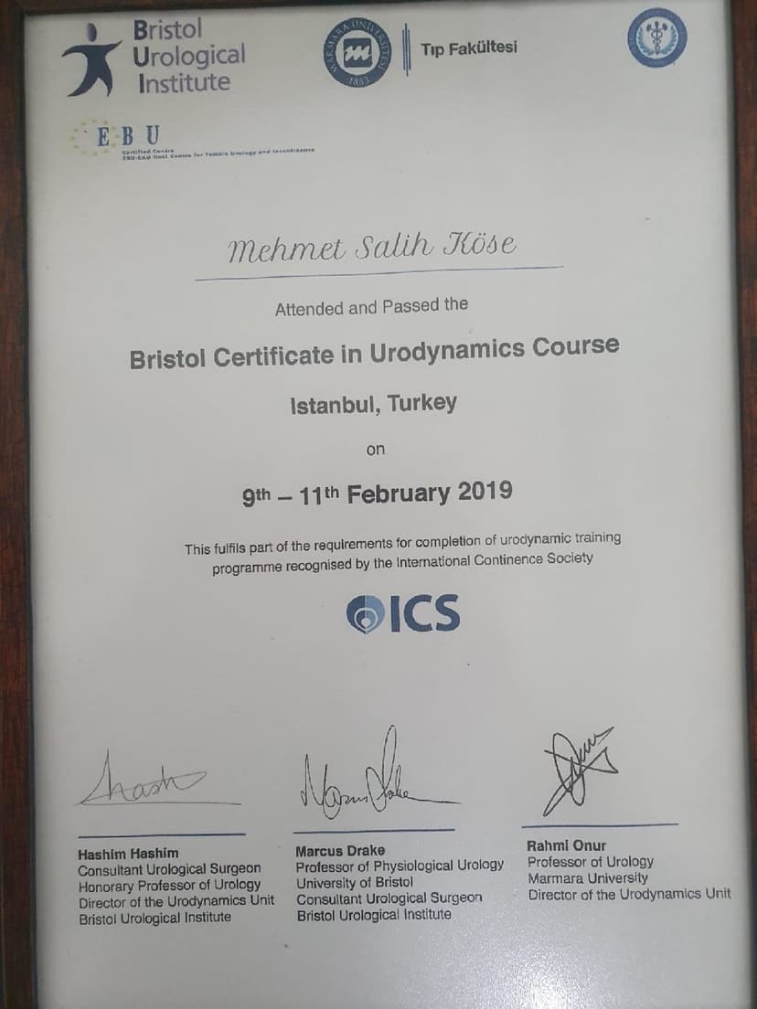 ICS onaylı Bristol Ürodinami Sertifikası