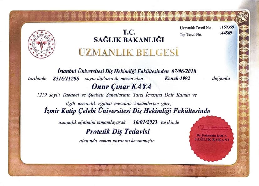 Protetik Diş Tedavisi Uzmanlık Belgesi