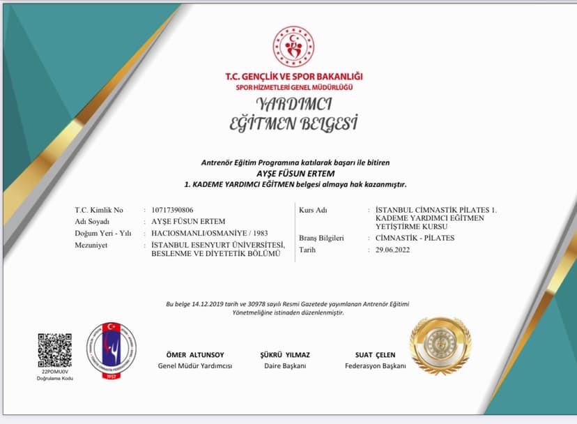 Türkiye Cimnastik Federasyonu/Pilates 1. Kademe Yardımcı Eğitmenlik Belgesi