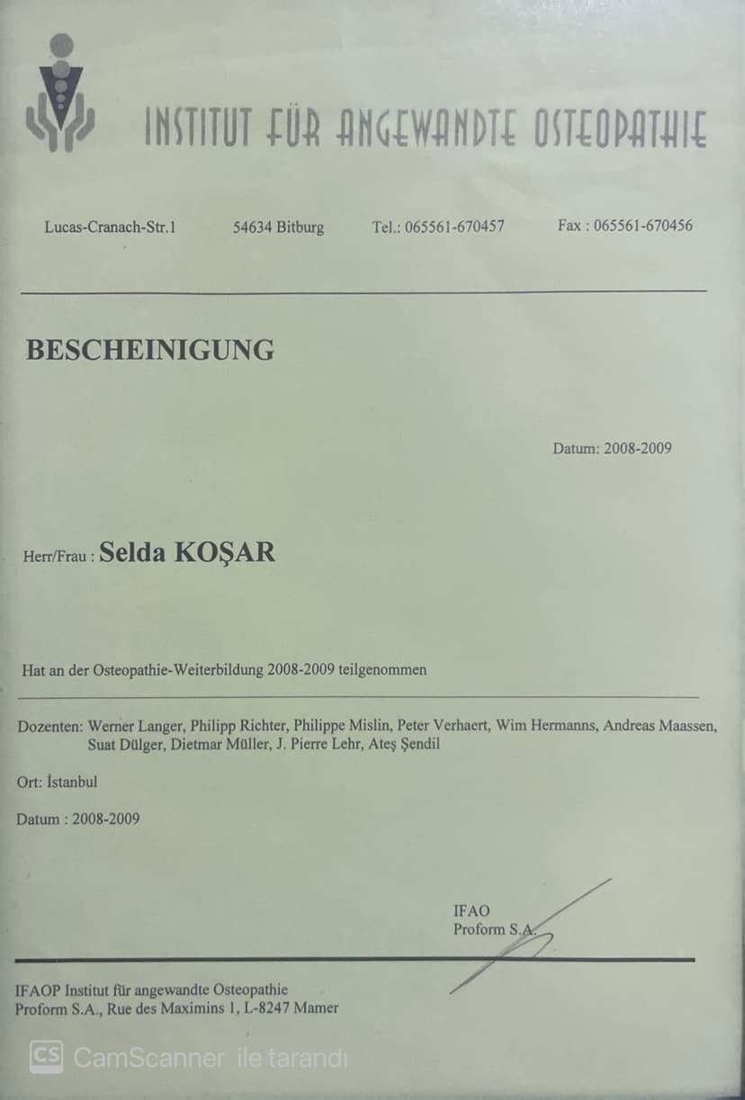 3. TİFAO-(Institut für angewandte osteopathie) (Uygulamalı Osteopati Enstitüsü) 2008-2009 2. yıl