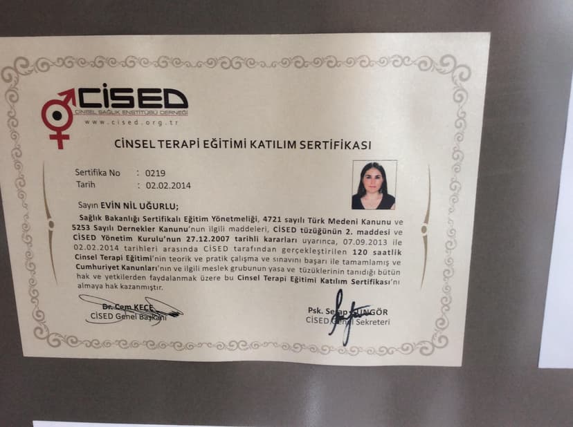 Cinsel Terapi Eğitimi Katılım Sertifikası