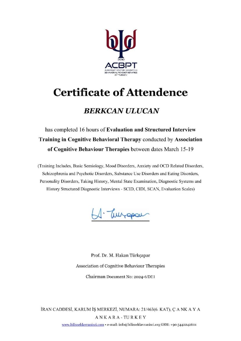 Bilişsel Davranışsal Terapide Değerlendirme ve Yapısal Görüşme