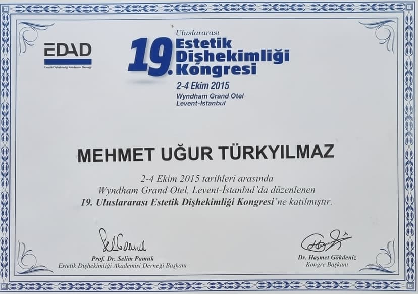19. Uluslararası Estetik Dişhekimliği Akademisi Kongresi Katılım Belgesi