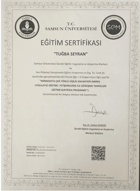 MİNNESOTA ÇOK YÖNLÜ KİŞİLİK ENVANTERİ (MMPI) UYGULAYICI EĞİTİMİ - YETİŞKİNLERDE İLK GÖRÜŞME TEKNİKLERİ EĞİTİMİ SERTİFİKA PROGRAMI