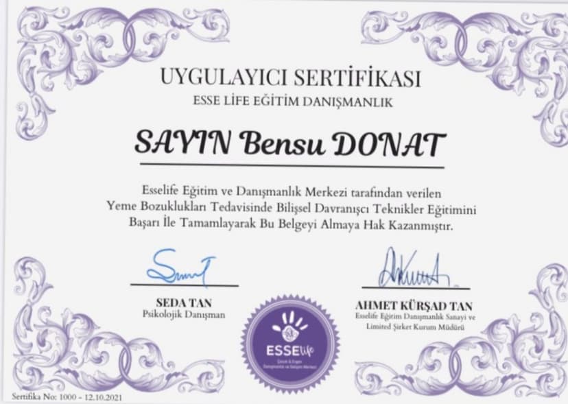 YEME BOZUKLUKLARI TEDAVİSİNDE BİLİŞSEL DAVRANIŞCI TEKNİKLER EĞİTİMİ SERTİFİKASI