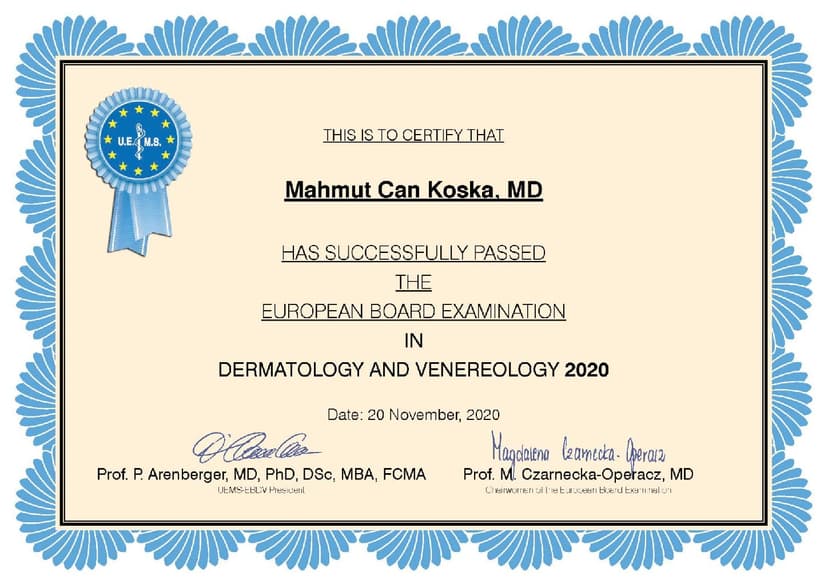 UEMS European Board of Dermatovenereology Examination Diploma (2020)