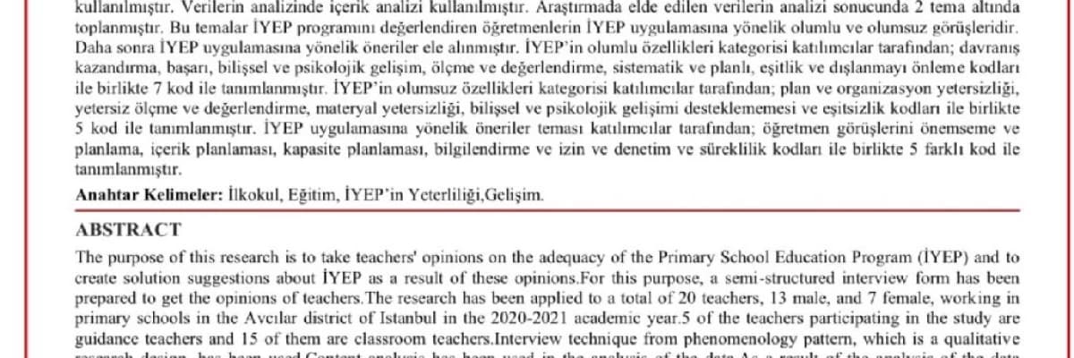 İLKOKULLARDA YETİŞTİRME PROGRAMI’NIN YETERLİLİĞİNE DAİR ÖĞRETMEN GÖRÜŞLERİ: İSTANBUL-AVCILAR ÖRNEĞİ