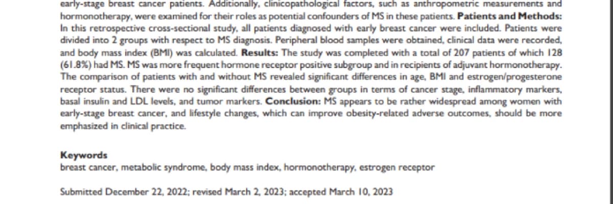 The Close Relationship Between Metabolic Syndrome and Hormone Receptor Positive Early Stage Breast Cancer