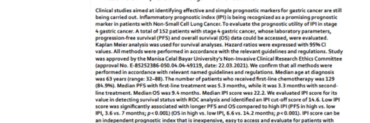 The inflammatory prognostic index as a potential predictor of prognosis in metastatic gastric cancer