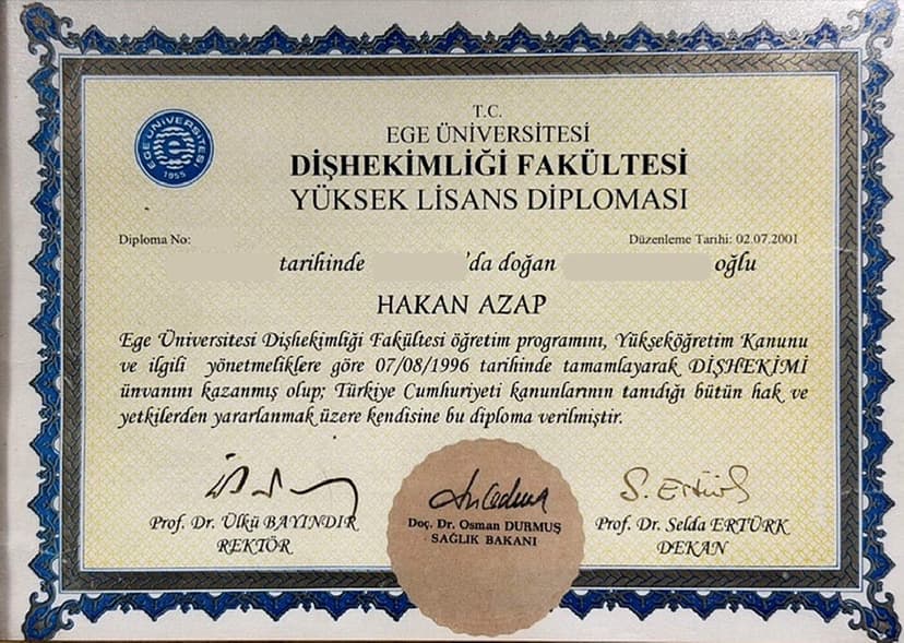 Antakya ve Defne Diş Hekimi Hakan Azap | Ege Üniversitesi Diş Hekimliği Diploması