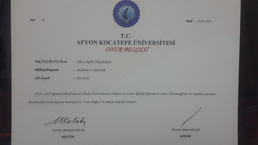 Afyon Kocatepe Üniversitesi Onur Belgesi