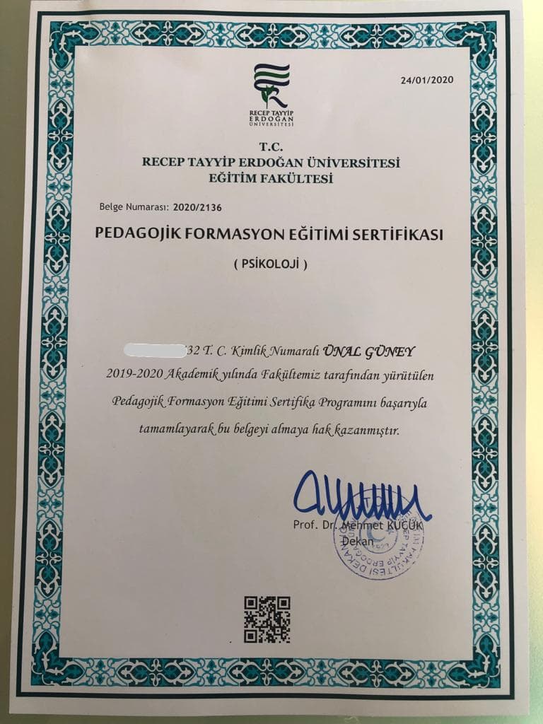 PEDAGOJİK FORMASYON SERTİFİKASI