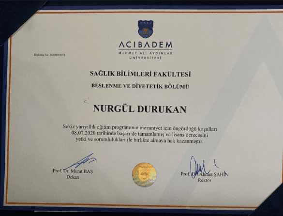 Beslenme ve Diyetetik Mezuniyet Diploması