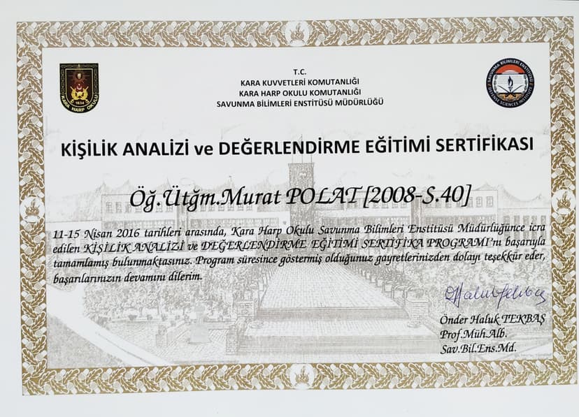 Kişilik Analizi ve Değerlendirme Eğitimi Sertifikası 11-15 Nisan 2016