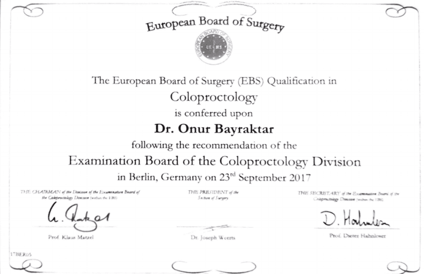 1. Avrupa Koloproktoloji Yeterlilik Sertifikası