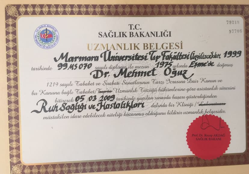 TC Sağlık Bakanlığı Ruh Sağlığı ve Hastalıkları Uzmanlık Belgesi