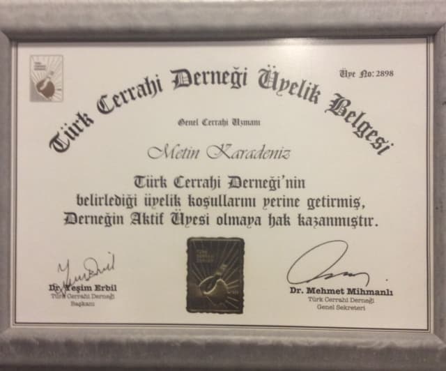 Türk Cerrahi Derneği Üyelik Belgesi