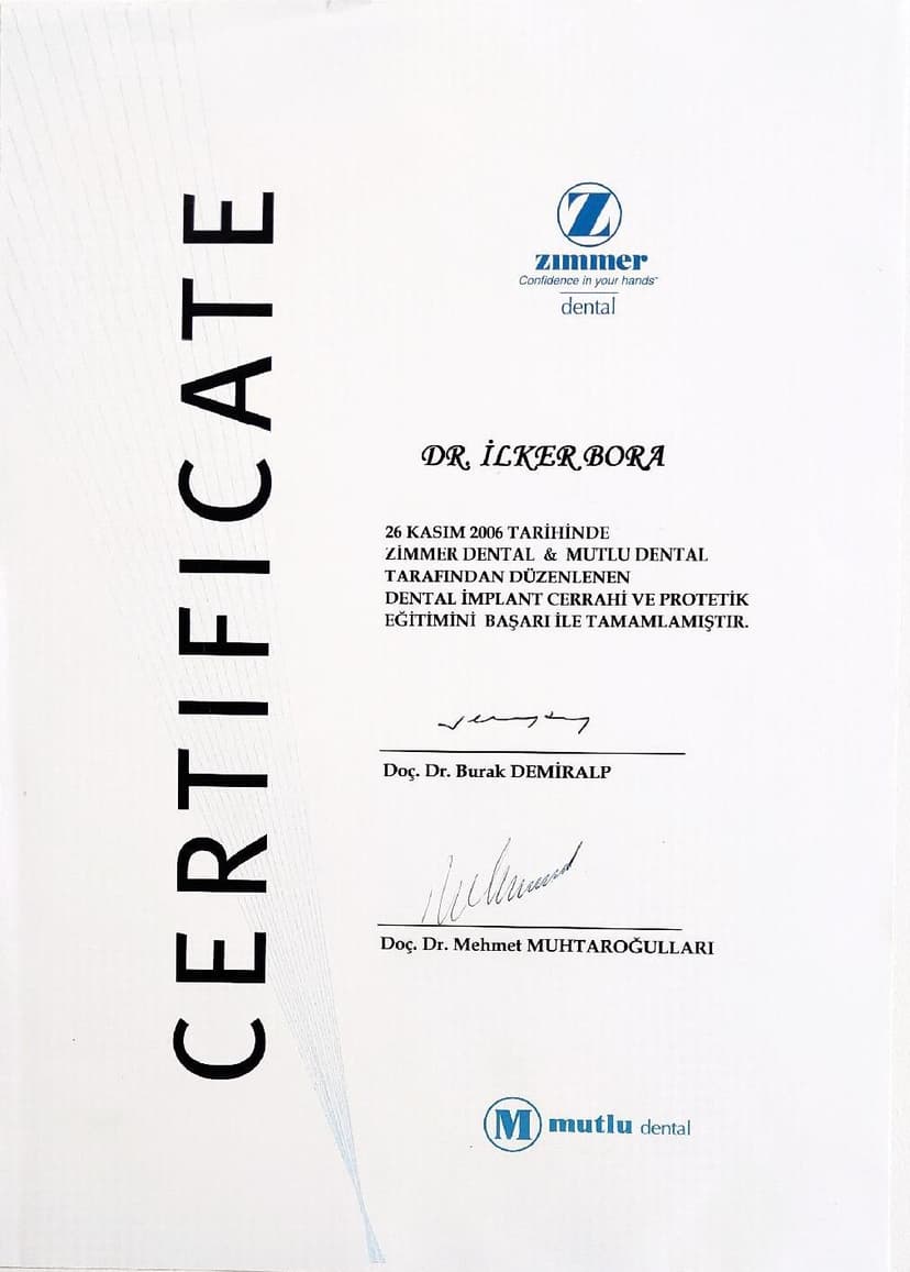 Zimmer İmplantoloji Eğitim Sertifikası