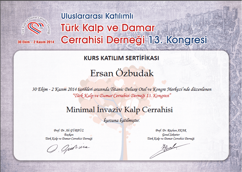 2014 Minimal İnvaziv Kalp Cerrahisi Kursu Sertifika