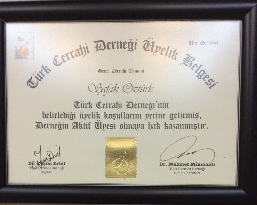 Türk Cerrahi Derneği Üyelik Belgesi