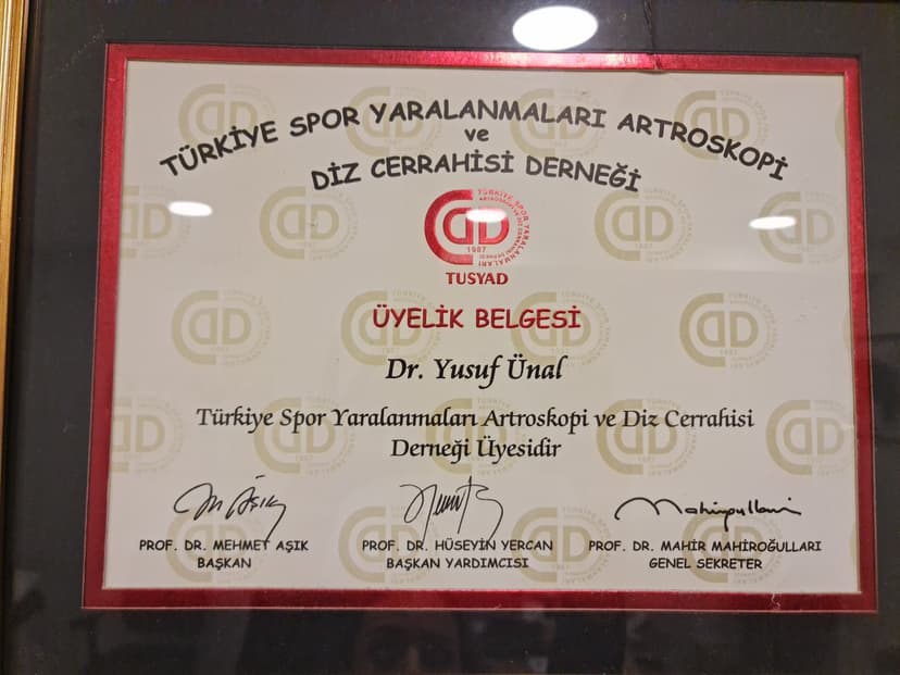 Türkay Spor Yaranmaları Artroskopi ve dız cerrahısı uyelık belgesi