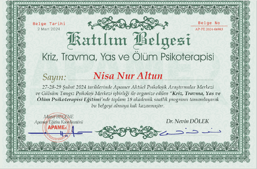 kriz,travma,yas sertifikası