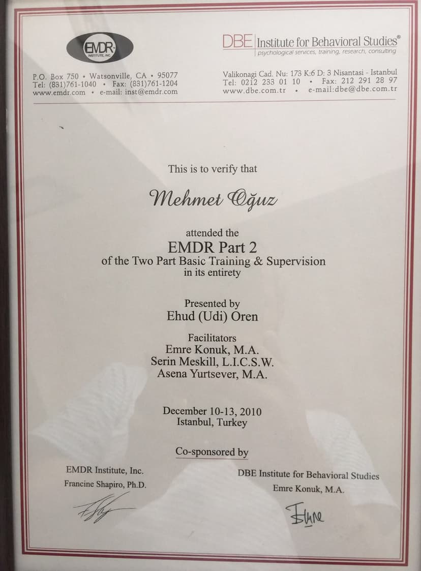 Davranış Bilimleri Enstitüsü EMDR II. Aşama İleri Düzey Uygulamalar Sertifikası ( EMDR institute Onaylı)