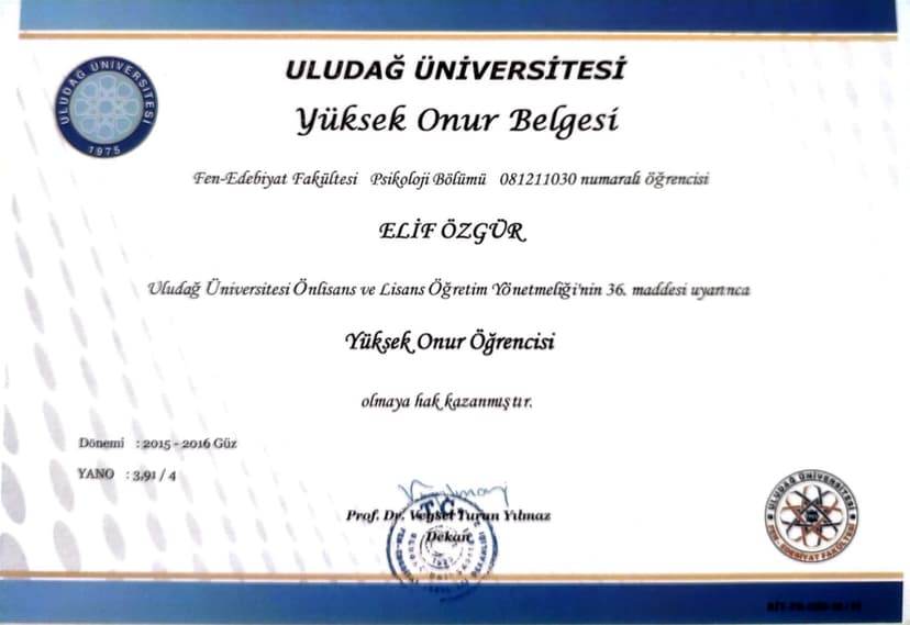 Yüksek Onur Belgesi