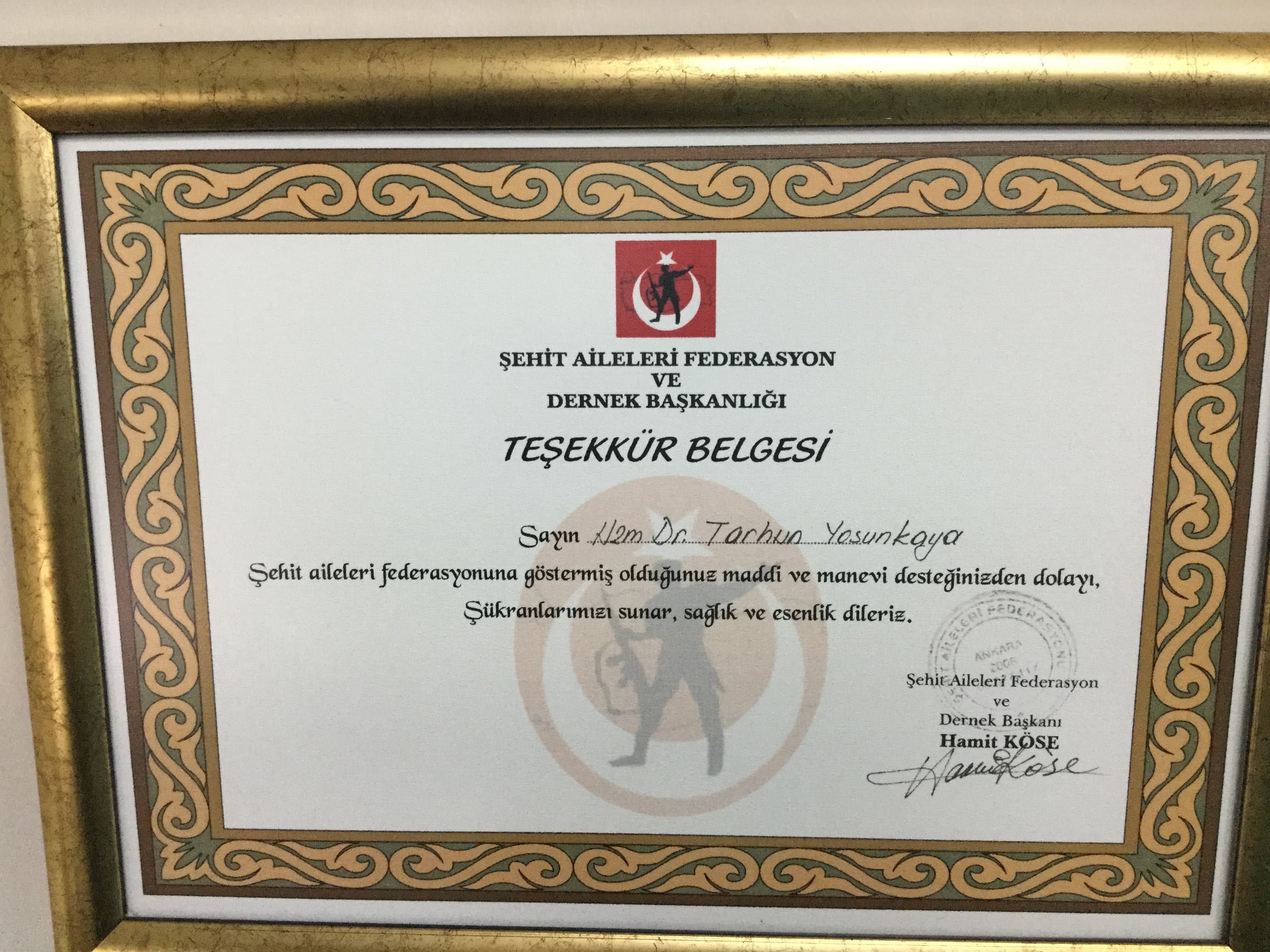 Teşekkür Belgesi