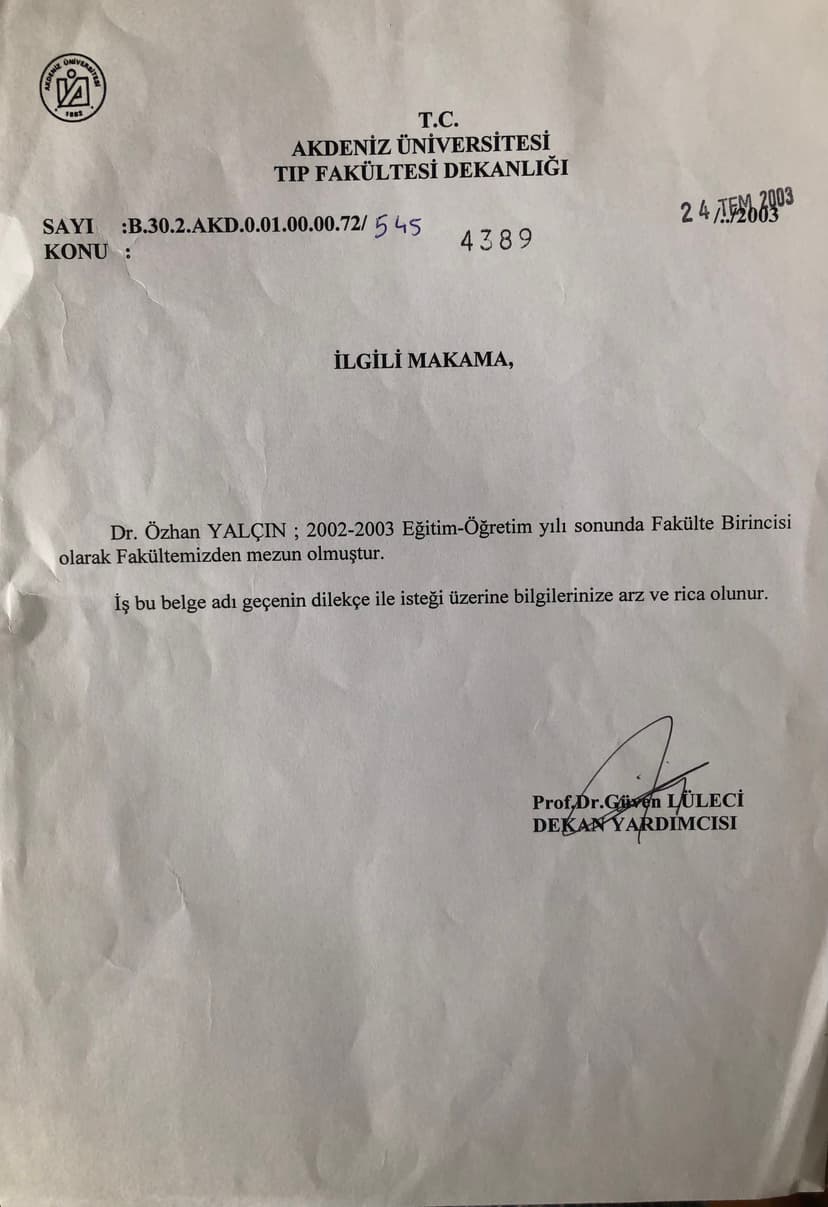 Dönem Birinciliği Belgesi - Akdeniz Üniversitesi Tıp Fakültesi 2002-2003 öğretim yılı