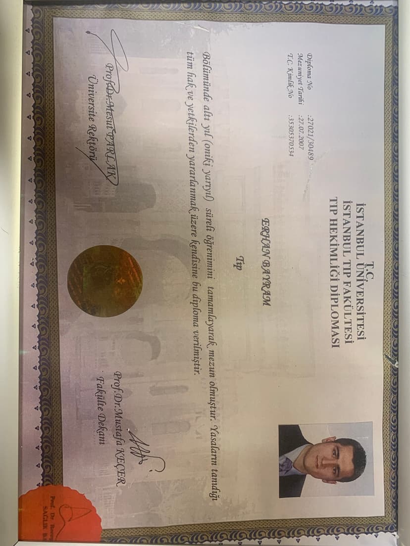 İSTANBUL ÜNİVERSİTESİ İSTANBUL TIP FAKÜLTESİ TIP HEKİMLİĞİ DİPLOMASI