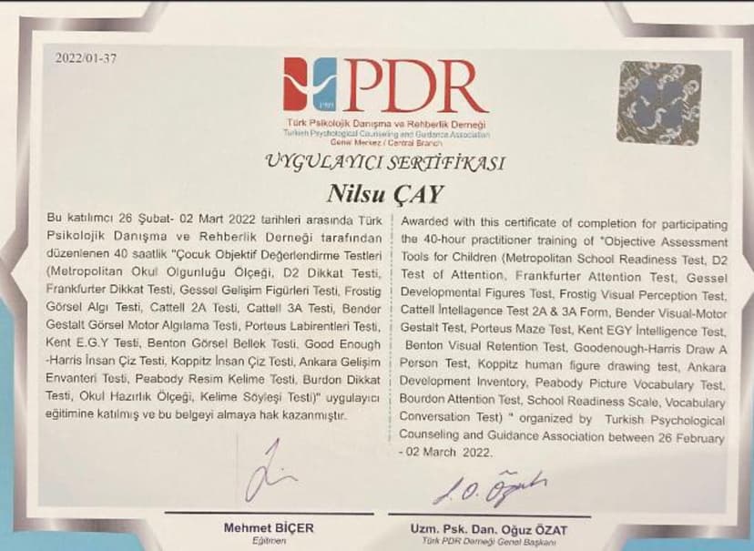 Çocuk Objektif Değerlendirme Testleri Uygulayıcı Sertifikası