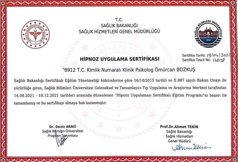 T.C. Sağlık Bakanlığı Hipnoz Uygulama Sertifikası