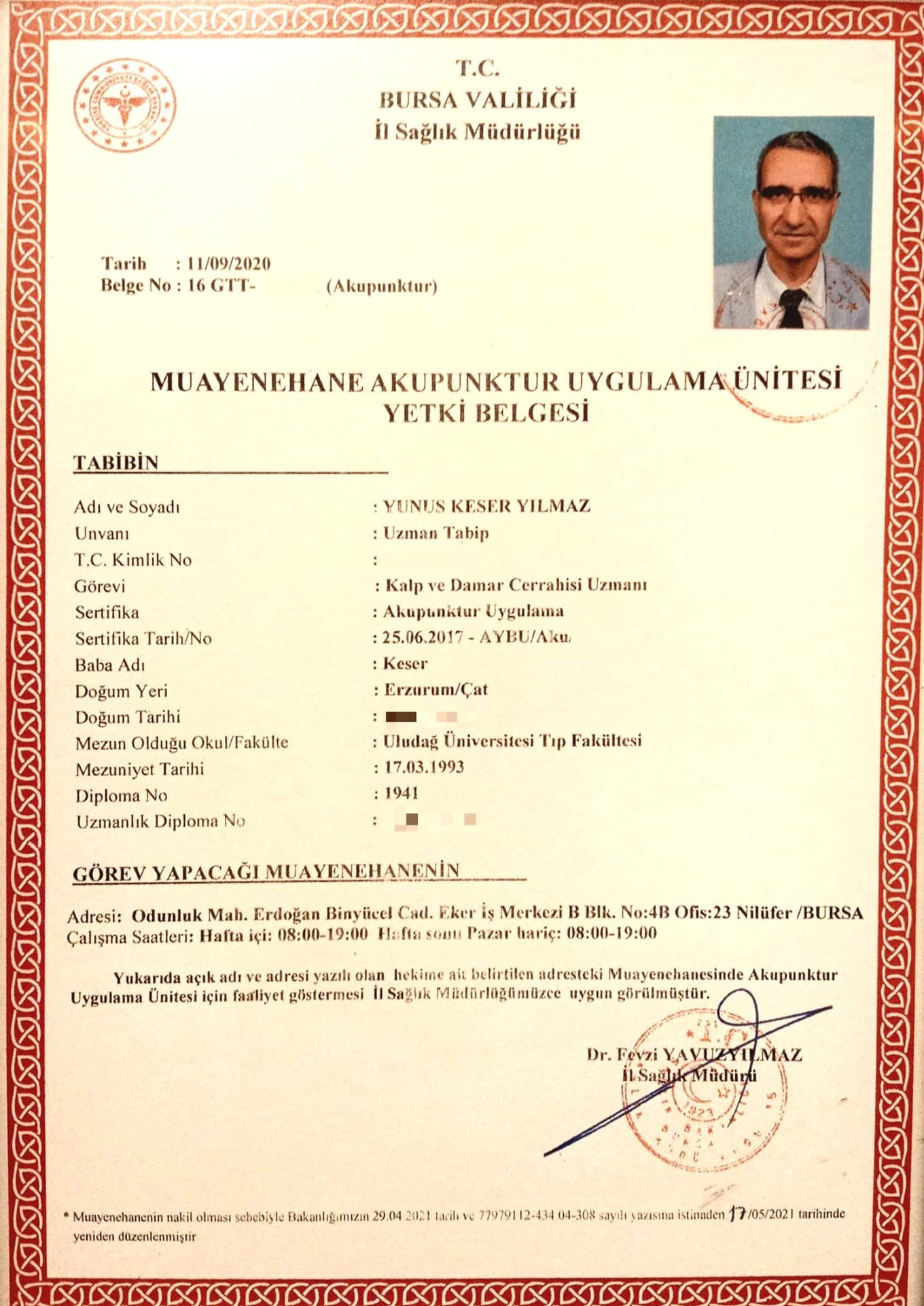 Akupunktur Uygulama Yetki Belgesi