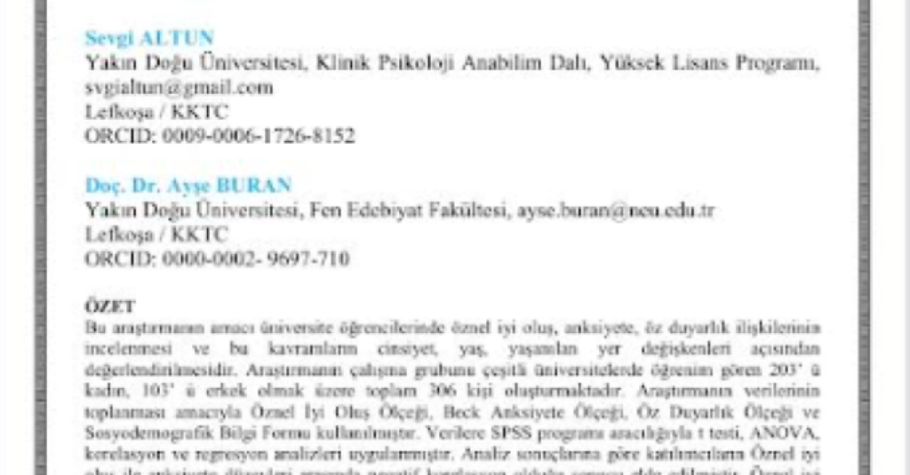 Üniversite öğrencilerinde öznel iyi oluş, anksiyete ve öz duyarlık ilişkisinin incelenmesi Online Randevu
